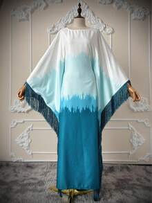 Hafizah Gaun Wanita Berbahan Sutra dengan Gradasi Warna, Gradasi Putih ke Ungu-Merah Muda, dengan Hiasan Rumbai, Cocok untuk Acara Formal (Abaya) - Biru - View 7