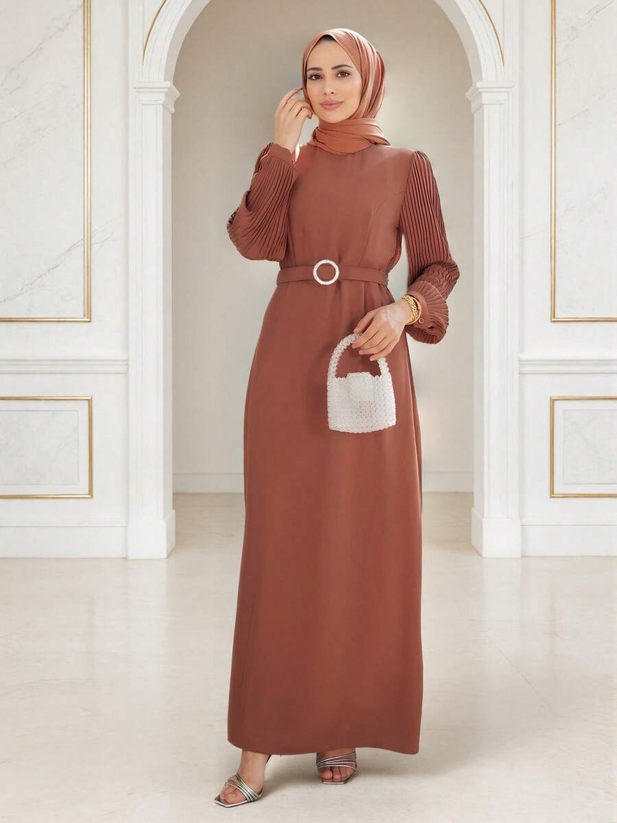 Gaun Panjang Lengan Lipit Warna Karamel Elegan dengan Sabuk Rhinestone, Gaun Maxi Lengan Panjang Musim Gugur