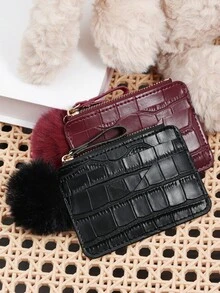 Minimally Designed Stone Patterned Card Bag, Zippered With A Pom Pom Charm, Credit Card Storage Bag, Women's Card Bag - Black - View 4