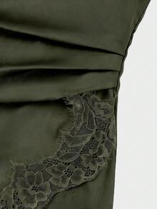 VIBEWAVE Deep Green Satin Spaghetti Strap Asymmetrical Mini Dress Side Ruched Lace Slit Slim Fit Sexy Summer Vacation Party Dress - Grey - View 6