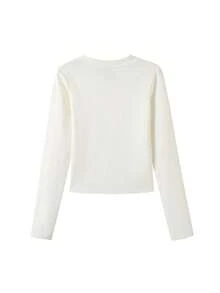 Y2K Fitted Square Shoulder T-Shirt For Women, Autumn Long Sleeve Simple Letter Print Crew Neck Top - White - View 7