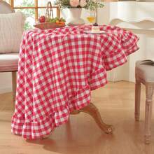 1pc Nordic Minimalist Red Plaid Ruffle Edge Pure Cotton Tablecloth, Suitable For Wedding, Valentine's Day And Daily Use - Red - View 5