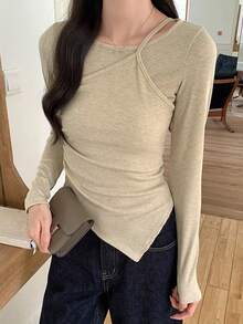 Korean Style Asymmetrical Long Sleeve T-Shirt Women Autumn/Winter Slim Fit Inner Layer Short Length 2 In 1 Soft Style Top - Apricot - View 1