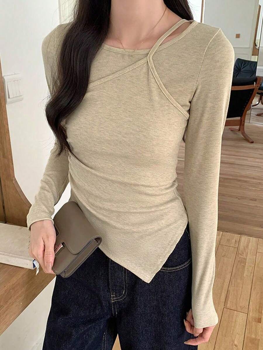 Korean Style Asymmetrical Long Sleeve T-Shirt Women Autumn/Winter Slim Fit Inner Layer Short Length 2 In 1 Soft Style Top - Apricot - View 1