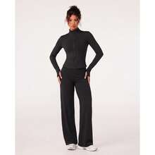 2pcs Black Zipper Jacket & High Waist Tummy Control Butt Lifting Wide Leg Pants Women's Commute Travel Casual Set - Black - View 1