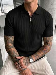 Men's Summer Fashion Classic Ribbed Zipper Polo Collar Short Sleeve Knit Sweater, Essential Summer Wardrobe Knit Top - Black - View 8