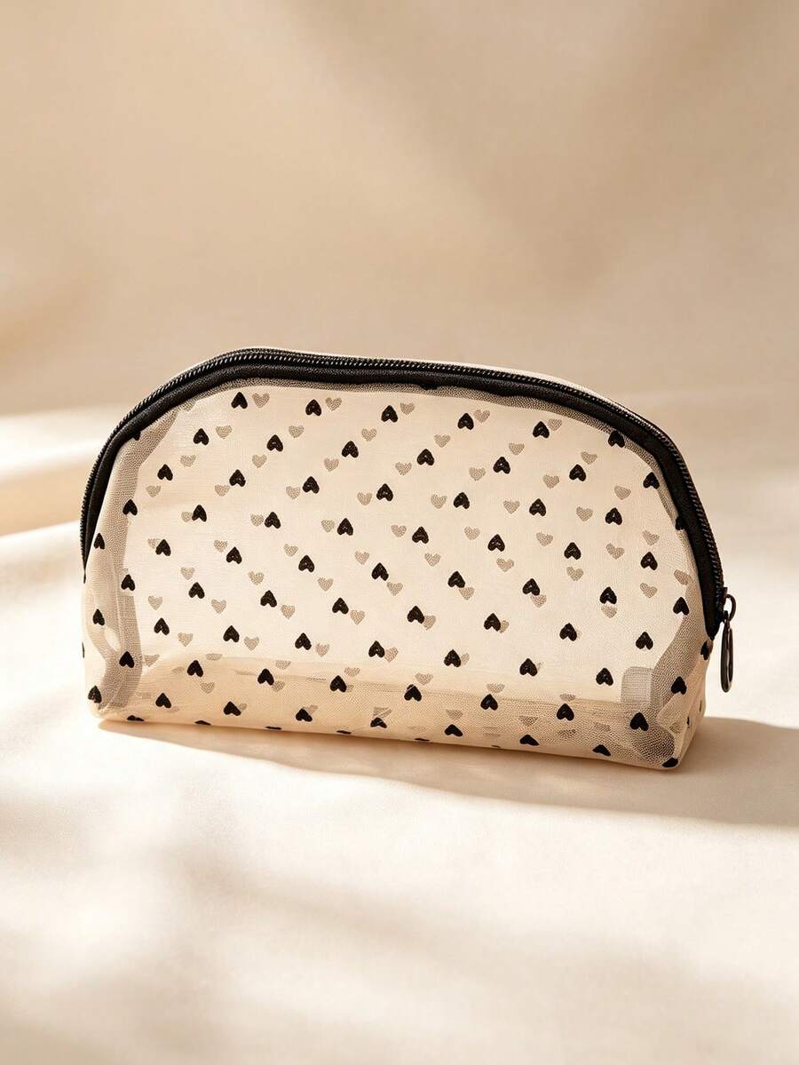 1pc Fashion Mesh Heart Makeup Bag, Travel Toiletry Bag, Large Capacity Storage Bag, Suitable For Toiletries And Essentials Storage, Girls Holiday Gift