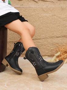 1 Pair Autumn/Winter Cool Black Denim Mid-Calf Boots With Embroidery Patchwork, Non-Slip Chunky Heel For Girls - Black - View 3