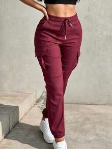 Spring/Autumn New Plus Size Women's Fashionable Versatile Solid Color Minimalist Pocket Elastic Waist Drawstring Cargo Pants, Lightweight Polyester Slightly Stretchy Soft Fabric - Burgundy - View 2