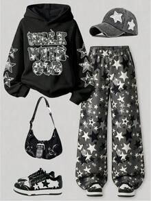 Teen Girls Fashion Star & Letter Print Hoodie + Star All-Over Print Casual Pants 2pcs Set, Autumn Winter Outfit, Campus Style, Homecoming Look - Black - View 1