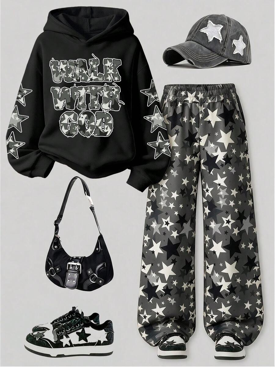 Teen Girls Fashion Star & Letter Print Hoodie + Star All-Over Print Casual Pants 2pcs Set, Autumn Winter Outfit, Campus Style, Homecoming Look - Black - View 1