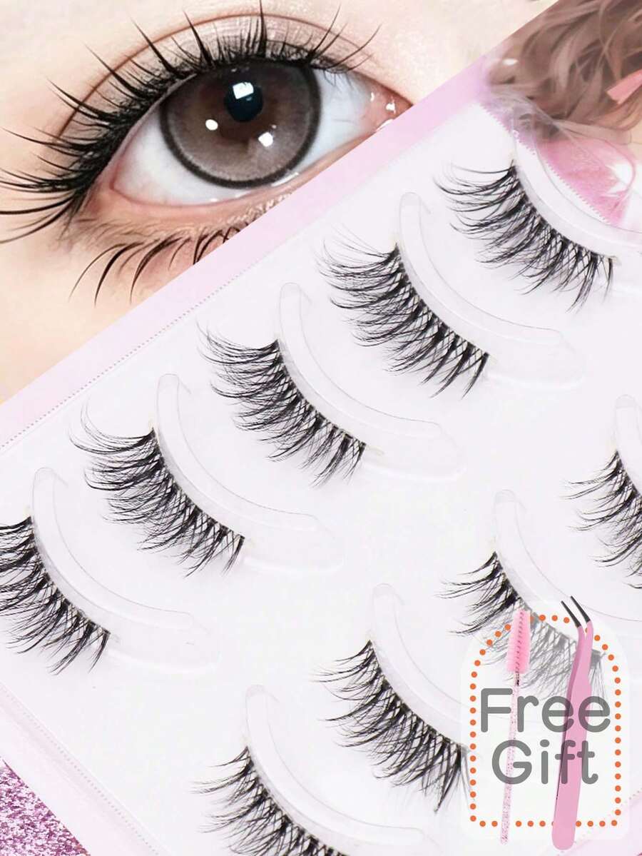 5 Pairs 3D Natural Fluffy False Eyelashes,Fluffy Spiky Manga Lash,Cartoon Makeup Effect, Suitable For Cartoon Style Eye Makeup, Strip Eyelashes, False Eyelashes.,Suitable For Daily Work Meetings, Natural False Eyelashes. - Black - View 1