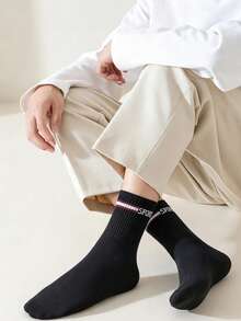 1/5 Pairs Men's Retro Striped SPORT Letter Mid-Calf Socks, Ribbed Cuff, Skin-Friendly Breathable Cotton Socks, Durable Anti-Slip Solid Color Long Socks, Street Casual Fitness Sports Commute Versatile Men's Socks Multi-Color Assortment - Multicolor - View 5