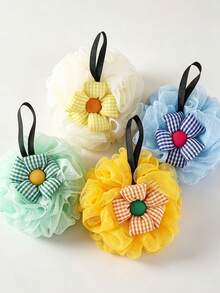 Cute Plaid Flower Bath Sponge, Soft Mesh Shower Ball, Rich Foam Hanging Body Scrubber, Aesthetic Decorative Bath Ball For Bathroom Shower - Multicolor - View 3
