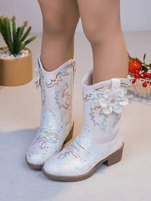 Girls' Shiny Sequin Embroidered Western Mid-Calf Boots, Sweet Autumn/Winter Party Dress-Up Boots - Beige - View 2