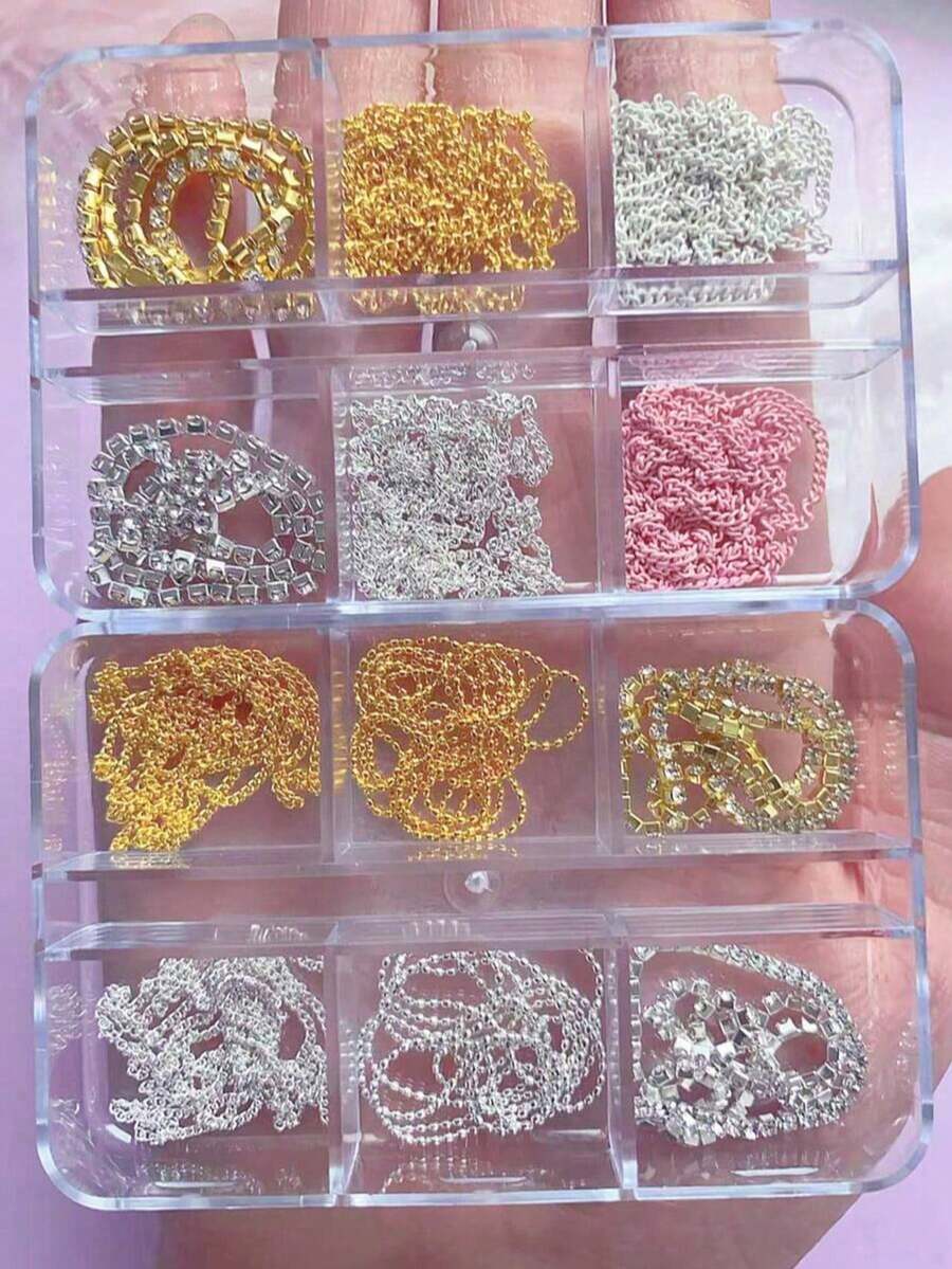 1 صندوق ديكورات فن الأظافر، مجموعة سلاسل وأحجار الراين المتعددة الأنماط DIY، إكسسوارات أظافر معدنية فرنسية فاخرة بسيطة، أسلوب السفر لعيد الحب، أحجار الراين اللامعة للأظافر، مناسبة لإكسسوارات ديكور الأظافر متعددة الوظائف DIY - متعدد الألوان - مشاهدة 1