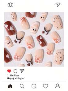 Halloween 24pcs Short Square Press-On Nails, Spider Web, Ghost, Patchwork Net, Mummy Pattern Design, Acrylic Material Set Includes: 1pc Jelly Glue And 1pc Nail File - Multicolor - View 5
