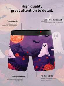 1Pc Men's Boxer Briefs, Purple Gradient Halloween Cemetery Scene Print With Ghost Pumpkin Bat Moon, Holiday Style Underwear For Daily Casual Wear - Multicolor - View 5