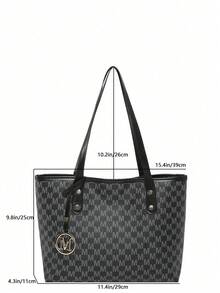 Women's Shoulder Tote Bag, All-Over M Letter Pattern, Durable Composite Fabric, Large Capacity, Campus Bag, Suitable For University Campus - Black - View 11