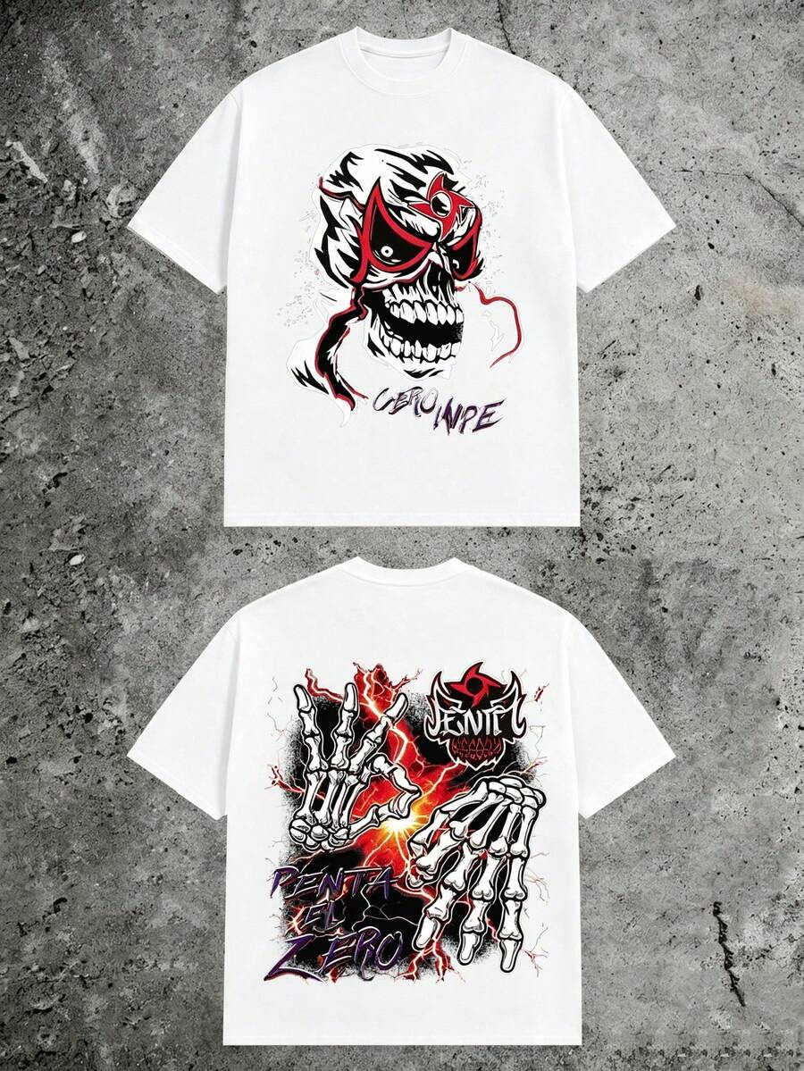 Skeleton Hands Lightning Luchador Mask Skull Graphic Tee, Double‑Sided Gothic Grunge, 180g Pure Cotton Short Sleeve Street Top For Men - 白色2 - 查看 1
