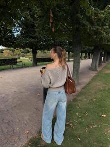 Sookaug Vintage Cable Knit Sweater Women Off-Shoulder Off-Shoulder Two-Way Wear Slouchy Short High Waist Top - Khaki - View 6