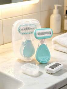 Green Women's Hair Removal Razor, Suitable For Underarms, Legs And Bikini Area, Portable Manual Razor, Green Manual Safety Razor Blade For Bikini Hair Removal/5-Layer Stainless Steel Replaceable Razor Head, Girls Gift Travel Essential (Handle + Razor Head + Storage Box). Suitable For Summer Travel, Outings, Commuting, Work, College Students, Women, Also As A Gift For Sisters, Girls And Friends. - Multicolor - View 3