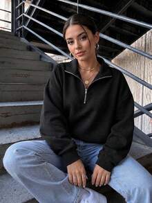 Sudadera casual de manga larga con cuello vuelto y cremallera, talla grande, color negro, para primavera - Negro - Ver 1