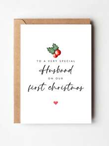 1pc Romantic Our First Christmas Card For Husband, Newlywed Xmas Greeting Card With Holly Berry Pattern, Holiday Gift Card For Spouse - Multicolor - View 8