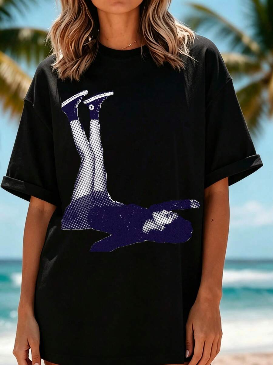 Oversized T-Shirt With OliviaRodrigo Graphic Print, Comfortable Top For Concerts And Festivals - 黑色 - 查看 1