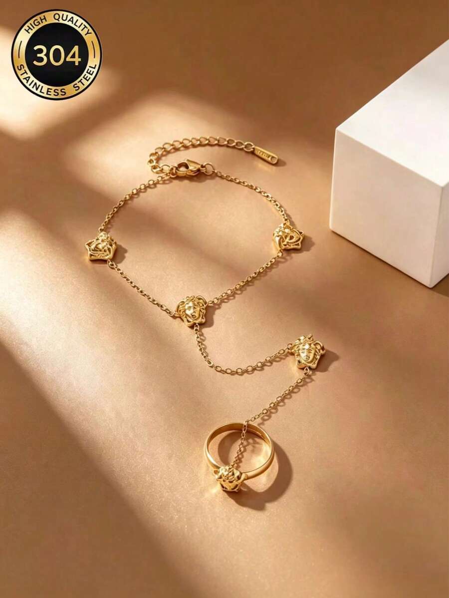 Vintage Portrait Bracelet Ring Integrated Chain, Luxury Stainless Steel 18K Gold Back Of Hand Chain, Niche Design Jewelry, Suitable For Women's Daily And Party Wear - Gold - View 1
