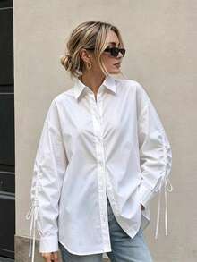 Elegant White Satin Oversized Shirt With Ruched Drawstring Lantern Sleeves - White - View 3