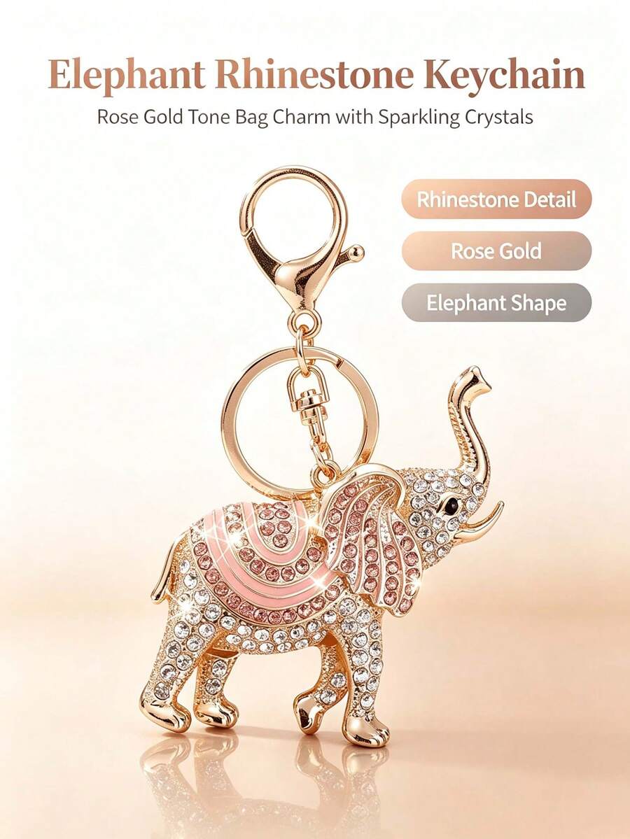 Rhinestone Elephant Keychain, Pink Enamel Lucky Elephant Bag Charm, Gold Tone Crystal Pendant For Women Purse, Handbag, Backpack Gift