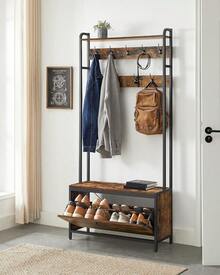 2026-NEW: Coat Rack With Shoe Storage, Hall Tree With Bench, 9 Hooks And Top Shelf, For Hallway, Bedroom, Industrial Style, Rustic Brown And Ink Black HSR405B01 - Brown - View 6