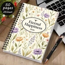 1pc Eternal Happiness Floral Spiral-Bound Notebook (Ruled); A5 25 Sheets/50 Pages; Cover Features A Watercolor Wildflower And Botanical Design; Suitable For School And Office Use; Perfect Gift For Christmas Or Birthdays. - Rectangle - View 5