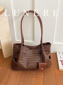 New Elegant Vintage Woven Texture Women's Large Tote Shoulder Bag, Soft Shopping Handbag, Fashionable Office Commute Daily Bag With Leather Charm - Brown - View 13