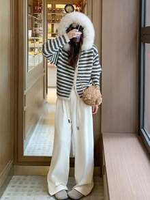 Women's Autumn/Winter Loose Slouchy Colorblock Striped Hooded Knit Cardigan Sweater Jacket With Fur Collar - Dark Grey - View 7