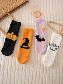 3/4 Pairs Women's Halloween Coral Fleece Mid-Calf Socks, Pumpkin Witch Hat Bat Moon Ghost Print, Soft Warm Fuzzy Cute Home Sleep Socks, Suitable For Winter Holidays - Multicolor - View 5