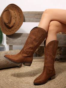 FVPFVP Women's Tall Riding Boots 2024 Autumn New Genuine Leather Pointed Toe American Style Vintage Western Cowboy Boots - Brown - View 2