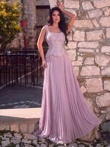 Faeriesty Luxury Elegant Beaded & Sequined Pleated Long Formal Evening Gown Party Pink Wedding Fall - Pink - View 1