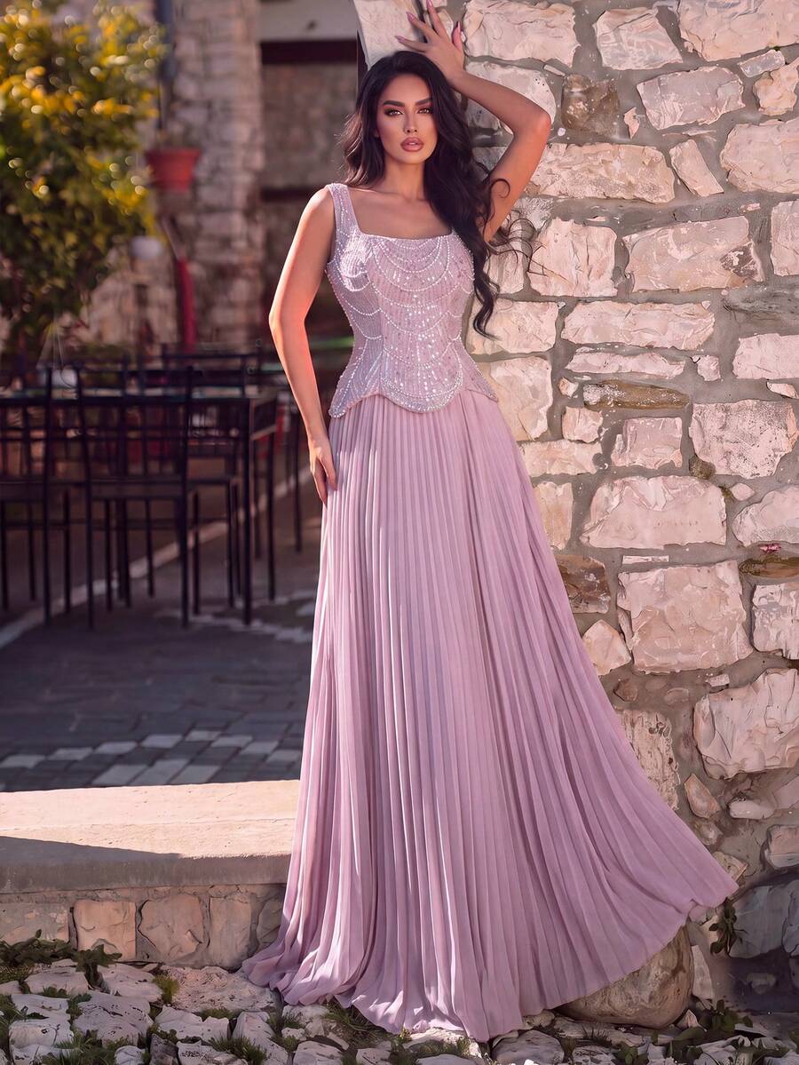 Faeriesty Luxury Elegant Beaded & Sequined Pleated Long Formal Evening Gown Party Pink Wedding Fall - Pink - View 1