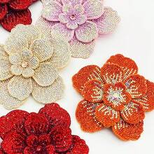 Red Rhinestone 3D Flower Applique, Heavy Rhinestone Embroidery Flower Patch, Dress DIY Decoration Patch, Clothing Bag Handmade Rhinestone Accessory, Suitable For Sewing Projects, Clothing Accessories, Clothing Creation, Party Decoration, Hair Accessory Making, Handmade Projects - 3-tier Large Flower - View 2