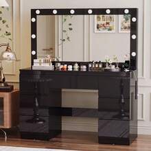 Devoko Dressing Table In Matte White With LED Cosmetic Mirror, Vanity Table Without Stool With 12 LED Lamps, Power Outlets, USB & Type-C, Jewelry Storage And 7 Drawers - 黑色亮面 - 查看 3