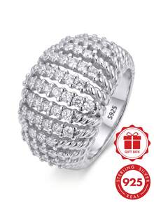 S925 Sterling Silver Multi-Layer Twisted Rope Design Full Zirconia Inlaid Wide Ring, Heavy Craftsmanship Luxury Elegant Banquet Versatile Women's Index Finger Ring, Jewelry Gift With Gift Box - Silver - View 8