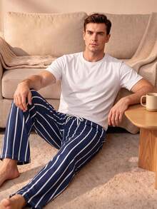 Men's Summer Crew Neck Casual T-Shirt And Casual Long Pants Loungewear Set - White - View 3