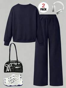 2pcs/Set Girls Casual Outfit, Includes "SLAY" Crew Neck Sweatshirt + Casual Pants, Soft And Comfortable, Suitable For Autumn/Winter Wear - Navy Blue - View 3