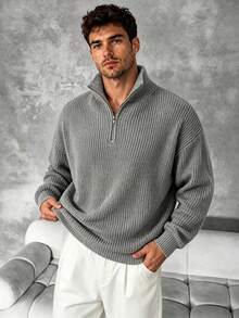 Men's Gray Chunky Ribbed Quarter Zip High Neck Sweater, Loose Drop Shoulder Textured Half Zip Knit Pullover Top - Grey - View 1