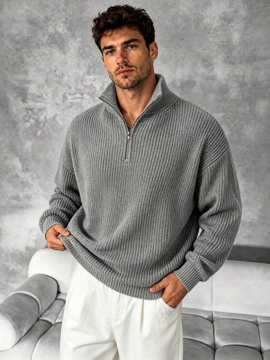 Men's Gray Chunky Ribbed Quarter Zip High Neck Sweater, Loose Drop Shoulder Textured Half Zip Knit Pullover Top - Grey - View 1