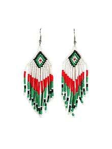 Xiacheng 1pair Bohemian Handmade Beaded Tassel Drop Earrings For Women, Geometric Diamond Long Fringe Statement Jewelry,Beach Vacation Thanksgiving Accessories - Multicolor - View 12