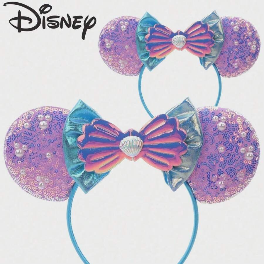 1PC Disney Purple Iridescent Sequin Base Mickey Ears Headband With 3D Pearl Decor, Gradient Mermaid Tail Shell Bow, Dreamy Underwater Mermaid Princess Theme, Versatile Summer Hair Accessory For Theme Parks And Beach Vacations
