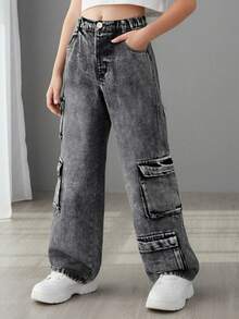 Teen Girls Dark Gray Multi-Pocket Cargo Denim Loose Straight Wide Leg Pants, All-Season Fashion Style - Black - View 4